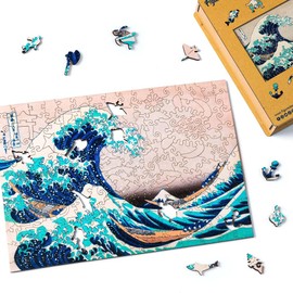 Figured'Art Hokusai Wooden Puzzle for Adults and Children, 200 Pieces, The Great Wave in Kanagawa, Original Design, 31.2 x 22 cm, Unique Shape with Premium Wooden Box