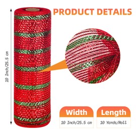 Deco Mesh Ribbon - 10inch x 30 feet Each Roll Metallic Foil Mesh Ribbon for Christmas, Valentine's Easter Wreath and Home Decorating(Red and Green-Stripe Wide)