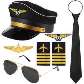 Horolam Pilot Captain Costume Accessories, Pilot Costume Kit with Pilot Captain Hat Pin Tie Badge Shoulder Strap Sunglasses for Adults Men for Party Dress Up (7 Pieces)