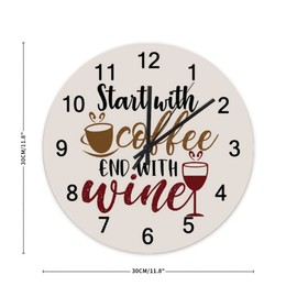 Silent Non-Ticking Wooden Wall Clocks,Start with Coffee End with Wine Round Wall Clocks Battery Operated Vintage Country Style Home Decor 12" Made in USA