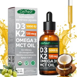 GWYNNE Suplemento Líquido de Vitamina D3 5000 UI y K2 120 mcg Orgánico,con Aceite MCT y Omega 3, Apoyo Natural Inmunológico,60 ml