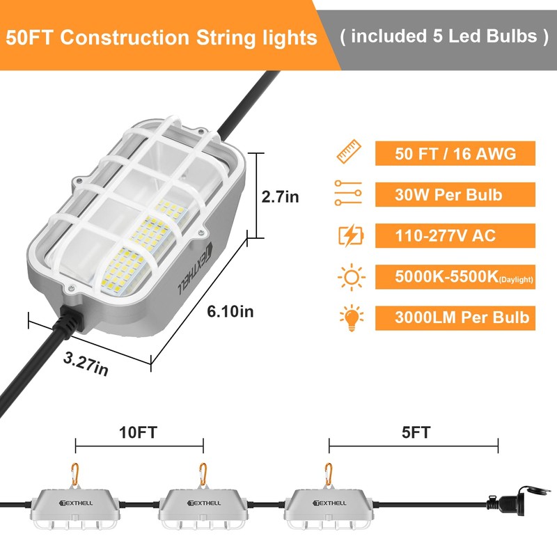 50ft LED Construction String Lights 150W Super Bright 15000LM Work