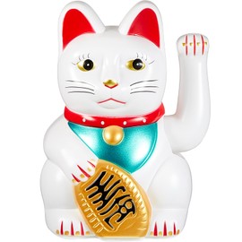 Chunful 7 Inch Lucky Cat Waving Arm Maneki Neko Lucky Beckoning Feng Shui Wealth Cat for Welcoming Fortune Wealth Prosperity Decoration, Battery Not Included(White Color)