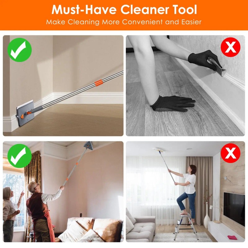 2-in-1 Baseboard Cleaner Mop Extendable Handle 8 Reusable Fiber Flannel