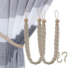 Home Queen - Cortina trenzada a mano con amarre para cortina, alzapaños con hebilla, 2 cuerdas para cinturón con 2 ganchos de metal, color gris pardo