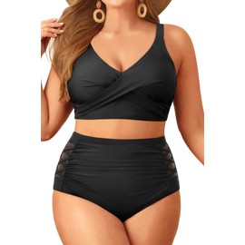Tempt Me Plus Size Two Piece Swimsuit - Black High Waisted Bikini Set Tummy Control Bathing Suits for Women 22 Plus