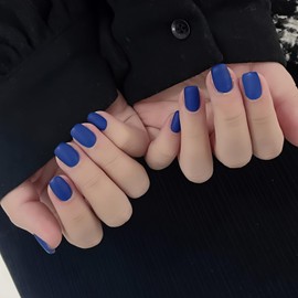 Dark Blue Short Square Fake Nails, 48PCS Matte Navy Blue Press on Nails,Natural False Nails,Acrylic Artificial Fake Nails Full Cover False Nails for Women Nail Art (Dark Blue, One Size)