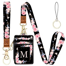 A-Z Letter 2-in-1 ID Badge Holder & Lanyard Wallet for Teachers,Nurse,Professionals-Cute Zippered Coin Pouch,Removable Wristlet & Neck Lanyard,5 Card Slots Stylish Work Essential M