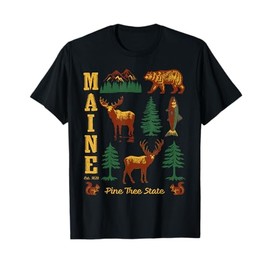 Maine Vintage Style Bear Moose Trees Deer Retro Souvenir T-Shirt