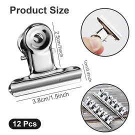 12 Stück Bull Hinge Clips, 38 mm, silberfarbener Edelstahl-Bulldog-Clip, Mini-Metallklammern, Akten- und Papierklammern, kleine Binderclips, Büroklammer für Büro, Zuhause, Schulbedarf, Fotos, Bilder