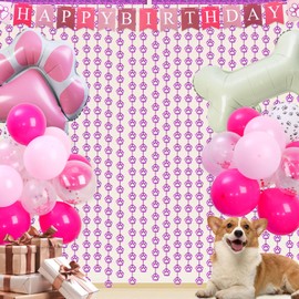 Pink Dog Birthday Decorations Pink Dog Paw Party Decorations Paw Streamers Balloons 3.3 X 6.6ft Foil Fringe Curtains Puppy Photo Booth Prop Backdrop for Kids Boys Girls Birthday Party Decor