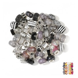 HKYLRAT 60 Pieces European Assorted Large Hole Spacer Beads Assortments Glass Charm Beads Rhinestone Beads Supplies for DIY Necklace Bracelets Jewelry Making (Black)