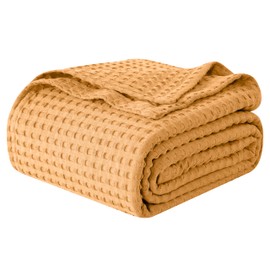 Elegant Comfort Premium 100% Cotton Waffle Blanket - Lightweight Breathable Waffle Weave Bed Blanket - Soft and Warm All Season Blanket for Couch, Sofa and Bed, TwinXL Size 68x90 Inches, Gold