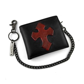 Men's Genuine Leather Black Card/Money Gothic Cross Wallet with Chain (short)