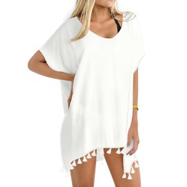 MLXSJ Women's Swimsuit Coverup Chiffon Tassel Bathing Suit Cover Up Beach Cover Ups for Swimwear (White, XL)