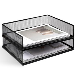 2 Pack Stackable Letter Tray, Wire Mesh Desk File Organizer Metal Desktop Paper Sorter Desk Tray Document Magazine Storage Basket for Home Office Supplies - Transverse Load, Black
