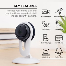 Merkury Smart Indoor Camera, 1080p HD Camera for Home Security with Two-Way Audio, Motion Detection, and Night Vision, Compatible with Alexa and Google Home