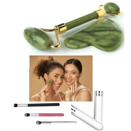 Marble Jade Roller & GUA SHA Boxed Set & 1 Kabuki Brush- Glow Boosting, De-Puffing, Deep Moisture Massage, Lifting & Tightening (1 Set)