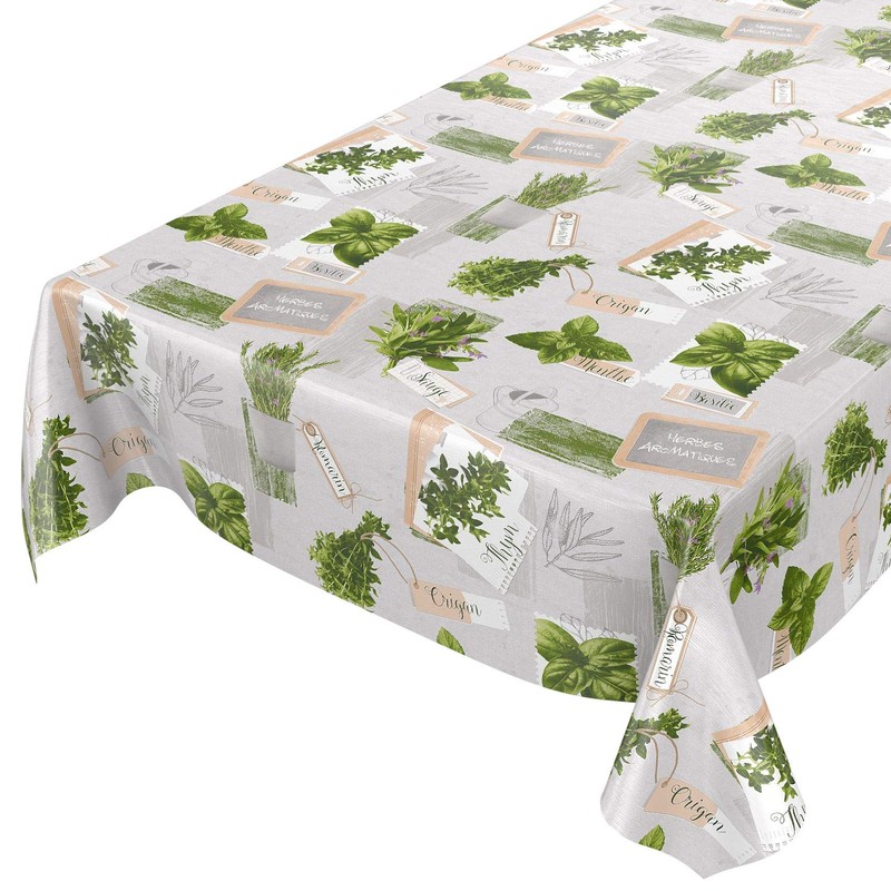 Anro Oilcloth Tablecloth, Wax tablecloths Washable, Herbs Green Beige Organic