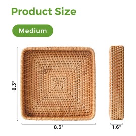Rattan Serving Tray, Square Woven Tray Wicker Storage Basket, Square Wicker Baskets for Organizing, Natural Wicker Decorative Serving Baskets for Organizing Tabletop Bathroom Kitchen Counter Square