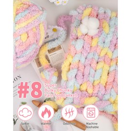 Thick Chunky Yarn Blanket, Aeelike #8 Colorful Candy Extra Jumbo Chunky Yarn for Hand Knitting, Super Bulky Soft Fluffy Chenille Giant Yarns No Knots for Finger Knit Crocheting, 8 Pack (200 yds 64 oz)