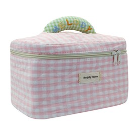 AfitLulu Quilted Travel Makeup Bag Large Capacity Toiletry Bag with Handle, Cosmetic Bags Portable Wash Bag Makeup Organiser Bag Double Zipper Makeup Case for Toiletries Cosmetics (Pink)