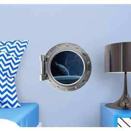 12" PortScape Instant Space View The Final Frontier Silver Porthole 3D Window Wall Decal Removable Fabric Vinyl Wall Sticker Sci-fy Fantasy Star Trek Galaxy Boys Wall Art Room Decor
