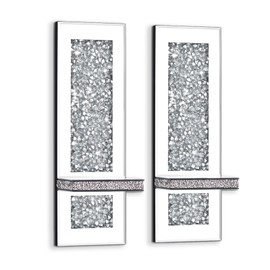 Crystal Crushed Diamond Mirrored Candle Sconces Set of 2, Glam Silver Wall Candle Holders for Living Room Bedroom Hallway Decor Large Wall Mounted Mirror Candle Holder with Sparkly Crystal Shelf