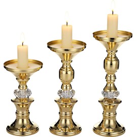 3 Pcs Gold Pillar Candle Holders Set, Elegant Metal Crystal Candlestick Stands, Gourd Shape Wedding Centerpieces Decor, Weighted Base Tabletop, 5.91-8.46 in Tall