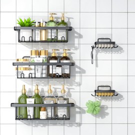 Mogbhw Adhesive Shower Caddy 5 Pack, Stainless Steel Wall-Mounted Bathroom Organizer and Storage, No Drilling Rustproof Bathroom Shower Shelves with Large Capacity for Home Decor (Black-01)