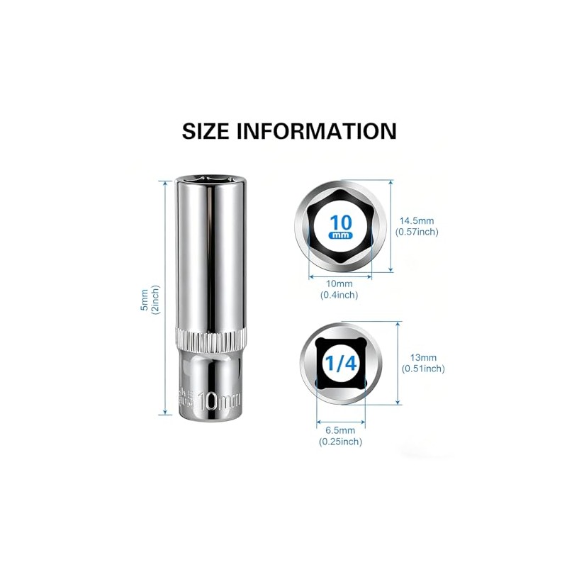 9-Piece 10mm Deep Sockets, 1/4-Inch Drive, 6-Point, Corrosion Resistance, Compatible