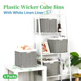 Bidtakay Wicker Cube Baskets with Liners Cube Storage Organizer for Shelves Closet 11 inch 4 Pack Decorative Hand-Woven Imitation Wicker Storage Bins for Organizing Pantry Bedroom Light Grey