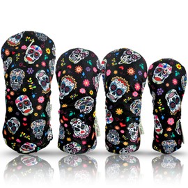Womens Designer Resort Golf Club Covers 4 Pack - Taboo Fashions Numbered Head Covers for Driver Woods & Hybrid - Weather/Moisture Resistant Protection (Sugar Skulls)
