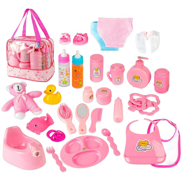 fash n kolor Doll Feeding Set | Set Includes Baby Doll, Doll Diapers, Diaper Bag, Magic Bottles, Potty and Bath Toys | 26 Changing and Other Accessories for 3+ Years Kids
