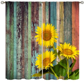 Sunflower Curtains, Rustic Sun Flower on Wood Window Treatments for Living Room, Yellow Floral Blackout Farmhouse Country Drapes 2 Panel Sets,42x45 Inch