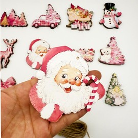 Christmas Tree Hanging Ornament Vintage Pink Wooden Ornaments Rustic Xmas Wooden Tree Santa Claus Candy Hanging Decor 36 Pcs