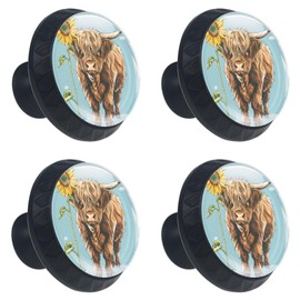 KikandKo 4 Pieces Drawer Knobs 35MM Cow with Sunflower Kitchen Cabinet Knobs Black Drawer Pulls Dresser Knobs,Glass Knobs for Kitchen Cabinet Hardware Bathroom