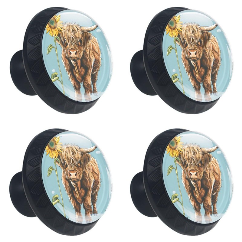 KikandKo 4 Pieces Drawer Knobs 35MM Cow with Sunflower Kitchen