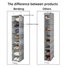 Berdeng Hanging Shoe Organizer for Closet with Side Mesh Pockets，Hat Racks for Baseball Caps，Shoe and Hat Holder & Storage，8-Shelf，Gray，1 Pack