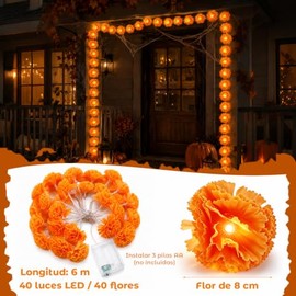 Guirnalda de Cempasúchil LED, 4.5 Metros, 30 Luces, 30 Flores de 8 Modos de Iluminación, Cempasuchil Artificiales, para Altar, Ofrenda, Porche, Jardín