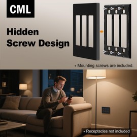 CML 3-Gang Black Screwless Decorator Wall Plate, 2 Pack Outlet Receptacle Cover and Switch Plate, Hidden Screw Smooth Face, Standard Size 4.68”X 6.54”, UL Listed