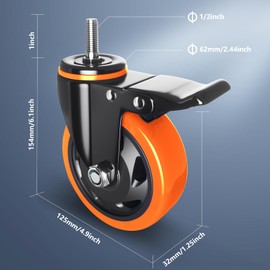 Stem Caster Wheels 5 Inch Heavy Duty Threaded Stem Mount Casters Set of 4 with American Size UNC 1/2"-13 x 1 Swivel Industrial Castors with Safety Dual Locking Wheel for Furniture and Cart