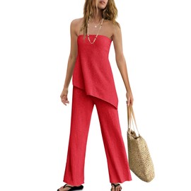Panadila Womens Off Shoulder Sweater Set 2 Piece Outfits Summer Vacation Knit Matching Lounge Set Tube Top and Pants Set(Red,XS)