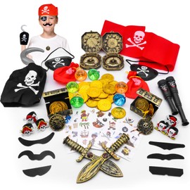 LETTERASHQP Pirate Children's Birthday Party Bags Pack of 64 Pirate Party Bags with Pirate Coins Pirate Children Pirate Decoration Eye Patch Tattoos for Children's Birthday Party Favour