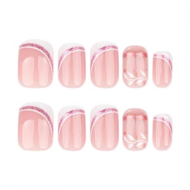 White French Tip Nails Press ons Square Press on Nails Short Glossy Glue on Nails Fall Artificial Fake Nails with Glitter Leaf Dots Designs Nude False Nails for Girls Women Manicure Art 24Pcs