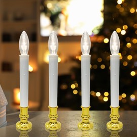 4 Pack Christmas Electric Candles, Dusk to Dawn Candle Lamps with Gold Base, Christmas Window Candles with On/Off for Home Table Weddings Holiday Decor
