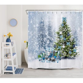 EOBTAIN Christmas Pine Tree Shower Curtain Blue Silvery Xmas Balls Gifts Bow Winter Forest Snow Scene White Snowflake Bathroom Curtain for Kids with 12 Hooks 69X70Inches Fabric Durable