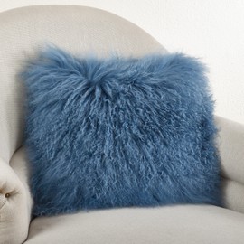 SARO LIFESTYLE 3564.BG16S 100% Wool Mongolian Lamb Fur Throw Pillow with Poly Filling, 16" x 16", Blue/Grey