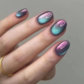 AkiliBIELY Cat Eye Press on Nails Short Oval Light Purple Ombre Blue Fake Nails Cute Women Glue on Nails Acrylic Gel Stick on Nails Fantasy False Nails Classy Wedding Birthday