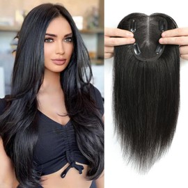 Hair Toppers for Thinning Hair Women Real Hair Toppers for Women 12inch 10x12cm Silk Base Human Hair Topper Hair Pieces for Thinning Hair Women Natural Black (1B#)